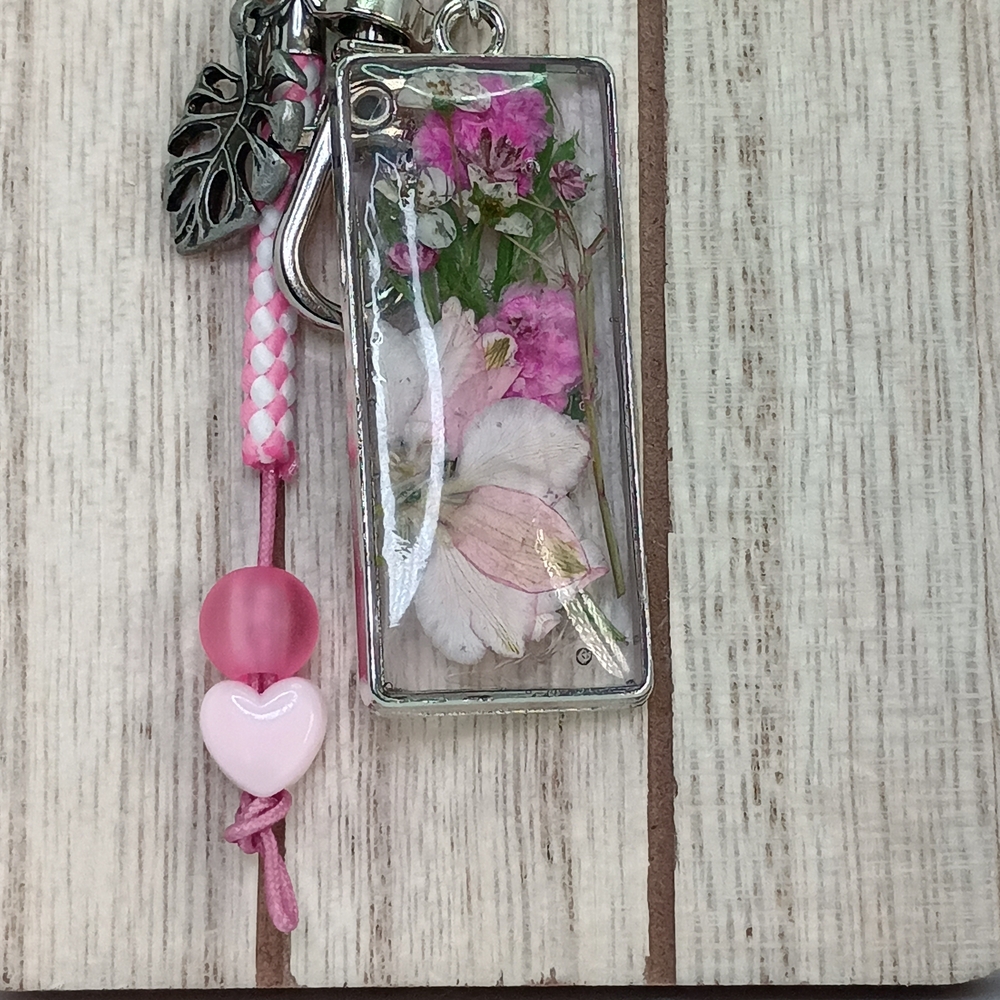 Pressed Flower Rectangular Keychain with Pink Bea… - image 1